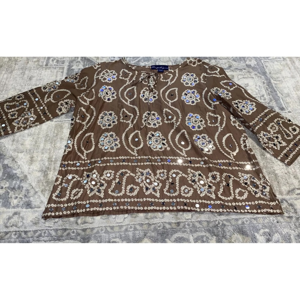 Angelique Womens Brown Sequin Top Shirt 3/4" Sleeve‎ Sz Large Tie Front